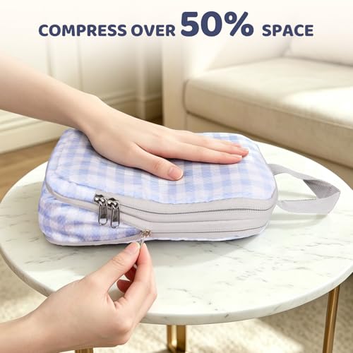 4/8 Set Compression Packing Cubes for Travel Essentials, Compressible Expandable Luggage Organizer Bags for Clothes, Durable Space Saver Storage Bags for Suitcase(4set-Blue Gingham)