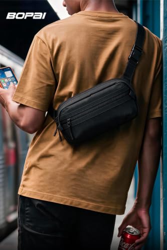 BOPai Men's Water Resistant Nylon Sling Fanny Pack, Waterproof Zipper Crossbody Bag with Key Ring & Multi Pockets, Fits Phone & 17oz Water Bottle for Daily Commute & Outdoor Use