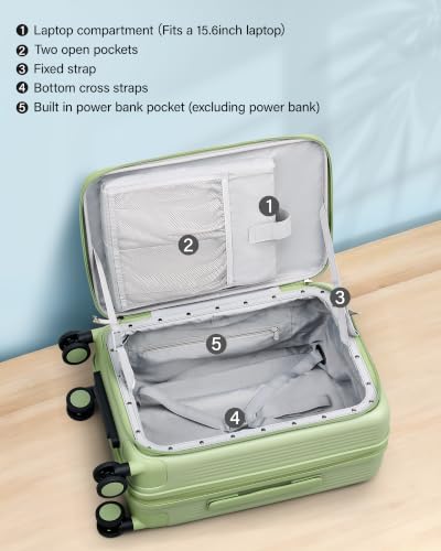 Hanke Top Opening 20" Carry On Luggage Expandable Hard Shell Bamboo Green | Fits Most Overhead Bins, 15.6" Laptop Compartment, Lightweight, 360° Spinner Wheels, TSA Lock, Cup Holder & Hook, USB Port - color: Bamboo Green, size: 20 Inch EXT