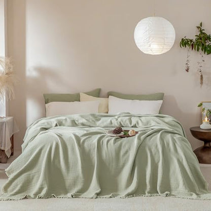Muslin Fringe Blankets for Adults: 100% Cotton Cloud Soft - color: Sage Green, size: Queen (90" × 90")