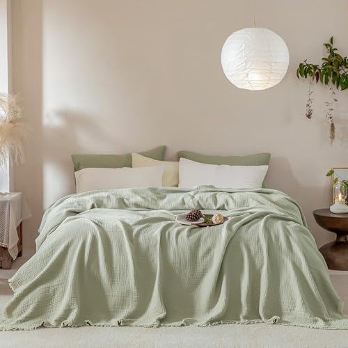 Muslin Fringe Blankets for Adults: 100% Cotton Cloud Soft - color: Sage Green, size: Oversize Queen (98" × 98")