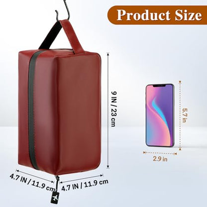 Leather Toiletry Bag for Men, Hanging Travel Toiletry Bag Dopp Kit | Water Resistant Bathroom Organizer with Waterproof Zipper & Handle - color: Wine Red