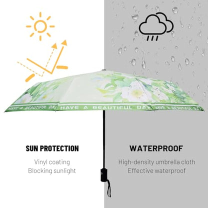 SY COMPACT Travel Umbrella - Windproof Automatic Compact Umbrellas for Rain - color: green leaves white flowers