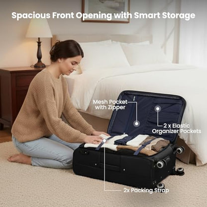 Softside Luggage Sets 3 Piece w/Front Pockets,Expandable - color: Black, size: 3-Piece Set (20"/26"/30'')