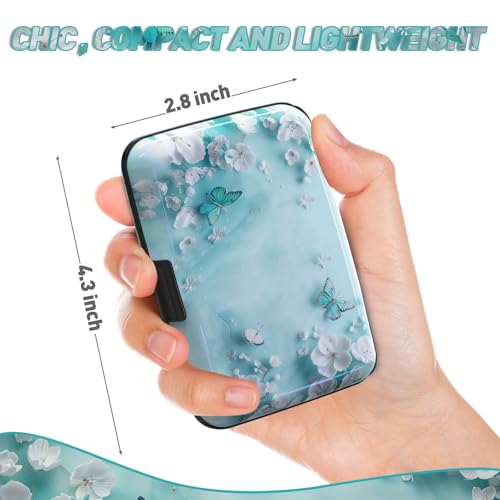 Credit Card Holder, Mini RFID Small Aluminum Card Wallet Business Card Case - color: Green Teal Butterfly