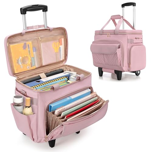 LUXJA Rolling Teacher Bag with Wheels and 15.6" Laptop Compartment, Pink - color: Pink