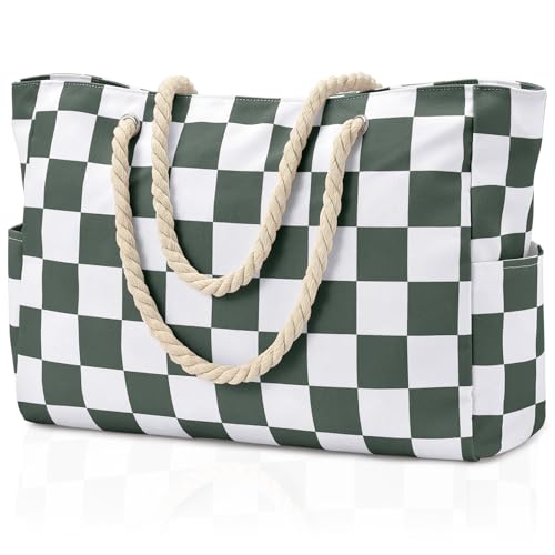 Becokan Beach Bag Large Beach Tote Bag for Women Waterproof Sandproof Swim Pool Bag With Zipper - color: Army Green Checkered
