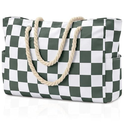 Becokan Beach Bag Large Beach Tote Bag for Women Waterproof Sandproof Swim Pool Bag With Zipper - color: Army Green Checkered