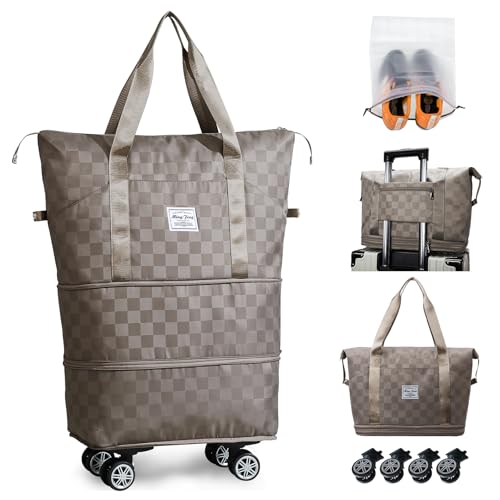 Rolling Duffle Bag with Wheels Expandable Foldable Travel Duffel Bag Checkerboard Carry on Luggage Bag Weekender Bag for Men Women - color: Khaki+Shoe Bag