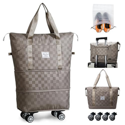Rolling Duffle Bag with Wheels Expandable Foldable Travel Duffel Bag Checkerboard Carry on Luggage Bag Weekender Bag for Men Women - color: Khaki+Shoe Bag