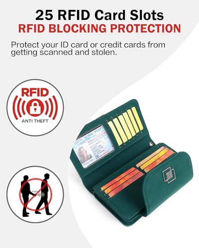 FADEON Leather Wallets for Women, Designer Large RFID Blocking Trifold - color: Dark Green Nubuck Style