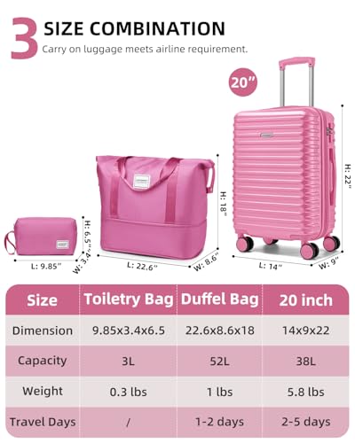 LARVENDER Expandable Carry on Luggage 20inch Suitcase with Wheels, Berry - color: Berry, size: 3 Piece Set (20/DB/TB)