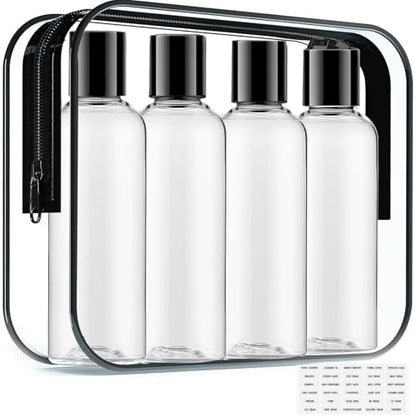 Toiletry Travel Bottles for Men Women, 3.4oz/100ml Refillable Plastic Containers with TSA Approved Toiletry Bag - Clear Cosmetic Kit for Shampoo, Conditioner, Lotion and Travel Essential(4Pack, Black) - color: Black