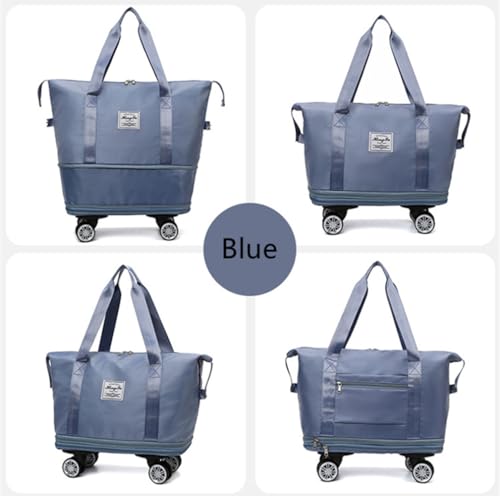 Travel Tote Bag with Trolley Sleeve Expandable Extra Duffel Bag with Wheels Lightweight Traveling Foldable Suitcase - color: Blue