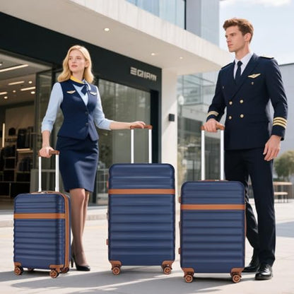 Kono Checked Luggage 28in Expandable Hardside TSA Lock Navy - color: Navy/Brown, size: Checked-large 28-inch
