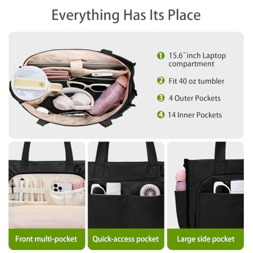 oscaurt Work Tote Bag for Women, 18 Pocket Laptop Tote, 15.6" Compartment - color: Black