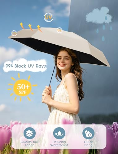 Jorilis Mini Compact Travel Umbrella with Case, Pocket Size UV Sun & Rain - color: Beige