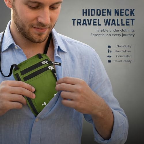 Zero Grid RFID Travel Neck Wallet, Large Passport Holder, Green - color: Green, size: Solo/Couple