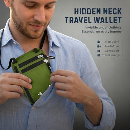 Zero Grid RFID Travel Neck Wallet, Large Passport Holder, Green - color: Green, size: Solo/Couple