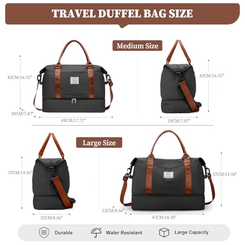 Weekender Bags for Women, Personal Item Travel Bag with Shoes Compartment - color: Black & Brown, size: Medium