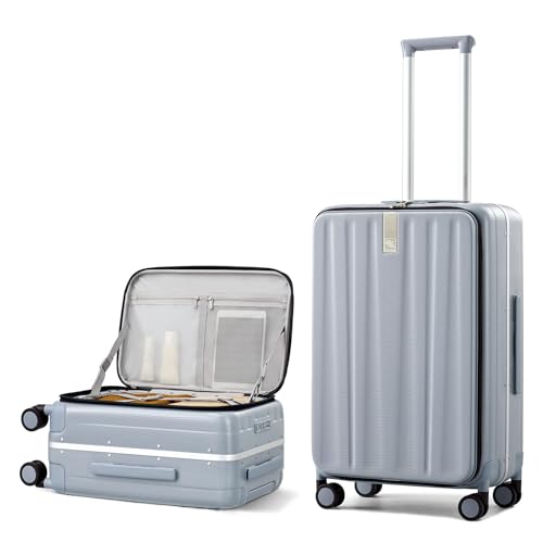 Hanke 24 Inch Checked Luggage Front Opening Rolling Suitcase Hard Sided Luggage with Spinner Wheels for Travel Woman Men.(Grey) - color: Grey, size: 24 Inch