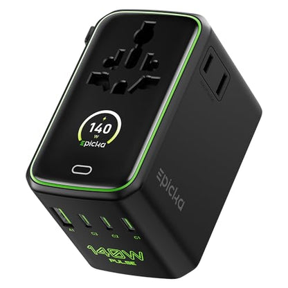 Epicka Pulse Duo 140W Universal Travel Adapter PD 3.1, 2AC/3USB-C/1USB-A - style: Pulse Duo 140W with Smart Display