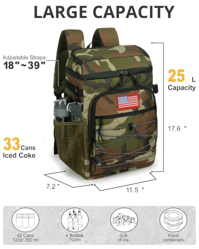 25L Insulated Cooler Backpack Water-Resistant Molle Cooler Bag for Camping - color: Camo Green