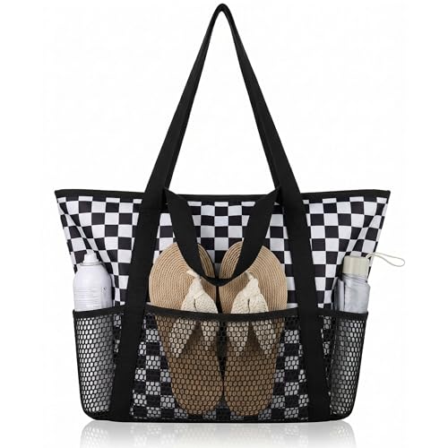 HOMESPON Beach Bag Large Waterproof Sandproof Tote for Women with Zipper and Mesh Pockets - color: Black Grid, size: Medium