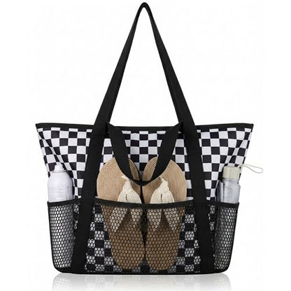 HOMESPON Beach Bag Large Waterproof Sandproof Tote for Women with Zipper and Mesh Pockets - color: Black Grid, size: Medium