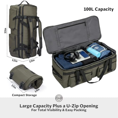 STOVER 45/80/100L U-Zip Rolling Duffel Bag with Wheels, X-Large Durable Travel Duffle + Toiletry Bag, Lay-Flat Opening, Packable w/Shoulder Straps- Use as Luggage or Backpack, Men/Women (Green) - color: U-Zip Voyager Green