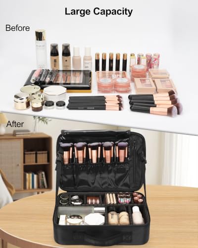 Relavel Makeup Bag Travel Train Case Cosmetic Organizer with Divider, Black - color: Black, size: Medium