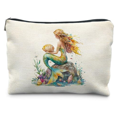 Mermaid Gifts for Women Cosmetic Makeup Bag - color: Ocean Beach Golden Emerald Mermaid