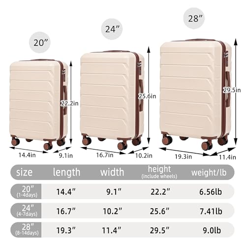 Hardside Luggage Sets, Lightweight Stripes Suitcase with Spinner Wheels, Beige-220 - color: Beige-220, size: 20/24/28 Inch