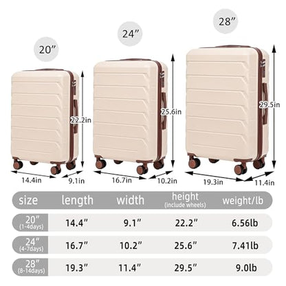 Luggage 3 Pcs Sets ABS Hardside Luggage Set Spinner Wheel Suitcase - color: Brown/Ivory, size: 20/24/28 Inch