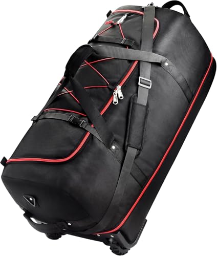 Rolling Duffle Bag with Wheels,110L/140L Expandable Soft-Sided Foldable Duffle Bag with 2 Rubber Wheels,Packable 32” Rolling Carry-On with Pockets & Compartments（Black red） - color: black red