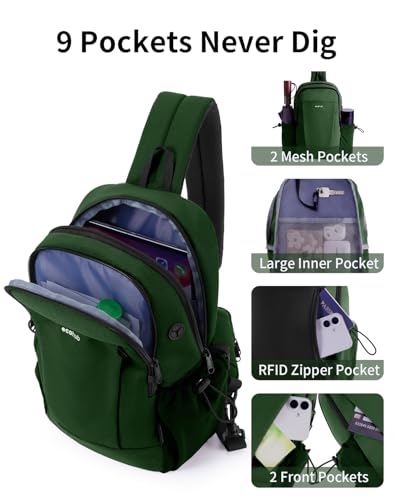 ECOHUB Anti-Theft Crossbody Bag Men Women RFID Blocking Lightweight Sling Backpack Water Resistant for Travel Hiking Outdoor - color: Army Green