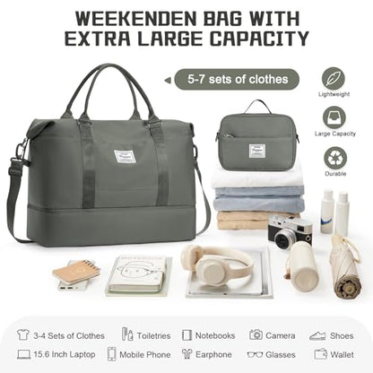Travel Duffel Bag with Shoes Compartment,Weekender Bags for Women Travel - color: Olive Green, size: Extra Large