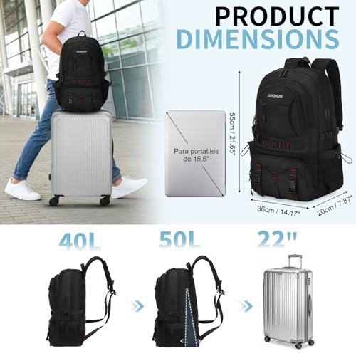 Hiking Daypack Camping Expandable Travel Backpack Men Women 50L - color: Black, size: Large