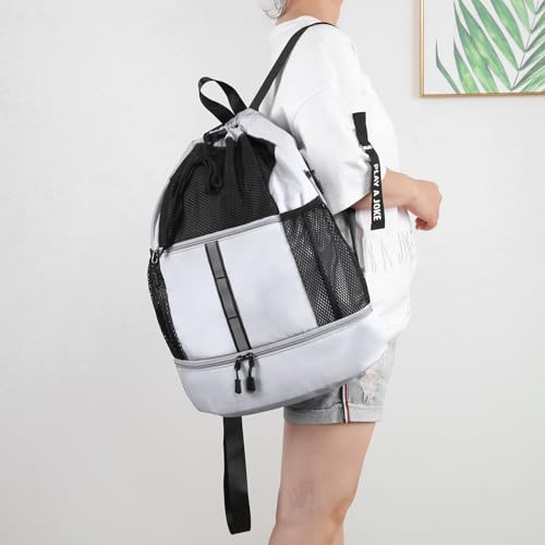 Valleycomfy Drawstring Gym Bag Sports Backpack With Shoe Compartment White - color: White