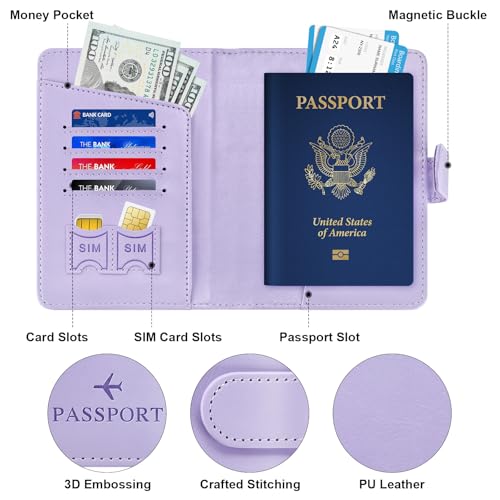 Passport Holder for Travel Essentials Wallet Cover Case Women Men Gift - color: D-Light Purple