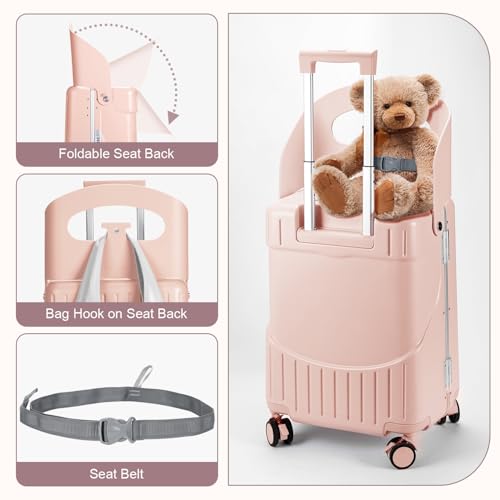 MRPLUM Ride On Luggage with Foldable Seat&Seat Belt,Pink - color: Pink