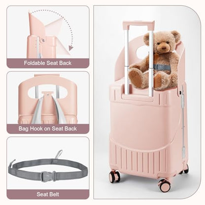 MRPLUM Ride On Luggage with Foldable Seat&Seat Belt,Pink - color: Pink