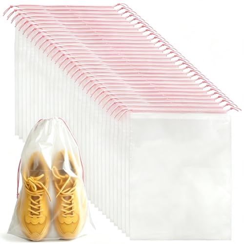 PLULON 32Pcs Clear Shoe Bags Waterproof Drawstring bulk for Travel Storage - color: Clear with Pink-Color String