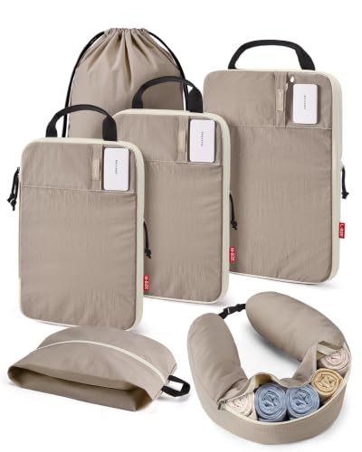BAGSMART 6 Set Compression Packing Cubes with Fillable Neck Pillow - color: Brown