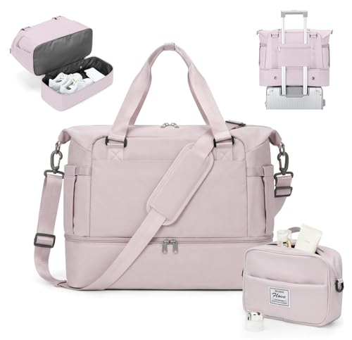 Weekender Bags for Women, Carry On Travel Duffle Bag with Shoe Compartment - color: A- Lotus Pink