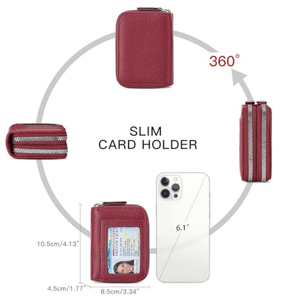 RNIEGA Credit Card Holder Wallet RFID Blocking Leather Small Wallet for Women Double Zipper Wallet with ID Window - color: A-Burgundy