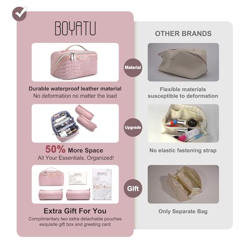 BOYATU Travel Makeup Bag Cosmetic Bags for Women: 3 Pcs Set Large Capacity Make up Bag with Handle - Crocodile Pattern Vegan Leather Toiletry Bags Travel Essentials with Compartments((E-4-Pink) - color: E-4-Pink