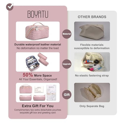 BOYATU Travel Makeup Bag Cosmetic Bags for Women: 3 Pcs Set Large Capacity Make up Bag with Handle - Crocodile Pattern Vegan Leather Toiletry Bags Travel Essentials with Compartments((E-4-Pink) - color: E-4-Pink