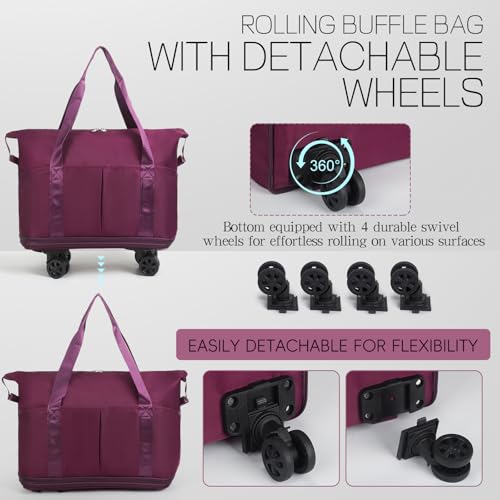 Duffel Bag with Wheels - Rolling Foldable Expandable Duffle Bag with Wheel for Travel, Rolling Luggage Bag Carry On Travel Bag with Wheels, Large Wheeled Overnight Weekender Bags (Deep Purple) - color: Deep Purple