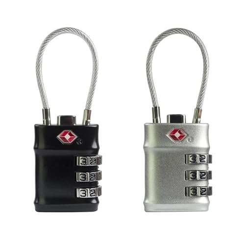 Luggage Locks TSA Approved, Small Padlock Combination with Cable, TSA Locks for Luggage, Combo Padlock with Code, for Travel Suitcase, Gym Locker, Gun Case, Backpack Zipper (Black+Silver) - color: Black+Silver, style: Flexible Cable